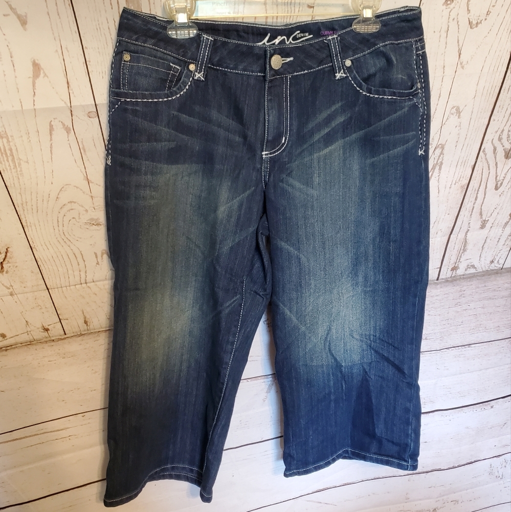 Inc Denim women's curvy fit dark wash five pocket cropped jeans blue size 14